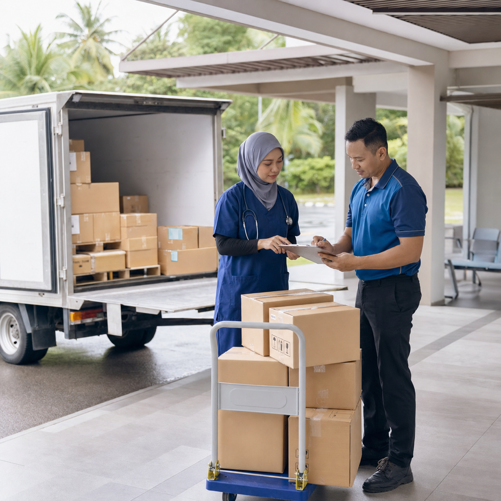 Healthcare worker and logistics staff checking medical supply deliveries in Malaysia
