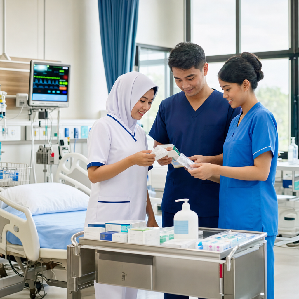 Healthcare workers reviewing medical supplies in a Malaysian ward