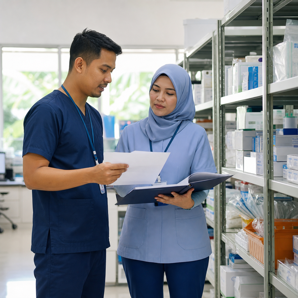 Healthcare professionals reviewing medical supply records in a Malaysian clinical storeroom